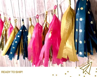 Navy, Pink & Gold Tissue Tassel Garland- Gender Reveal Party