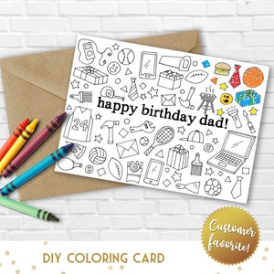 Joyeux anniversaire papa Doodle carte à colorier imprimable - Coloriez-la vous-même pour faire un cadeau d'anniversaire spécial pour lui, présente des choses comme les papas