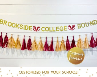 May include: Gold glitter banner with the text "Brookside College Bound" and a red badger mascot. The banner is hanging from a string with a row of maroon and beige tissue paper tassels below.