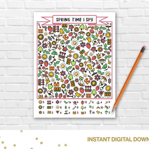 May include: A printable I Spy game with a spring theme. The image features a white background with colorful illustrations of spring-related objects, such as flowers, bees, butterflies, and strawberries. The game includes a list of objects to find and a corresponding number of times each object appears in the image.