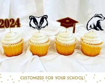 Custom College Cupcake Toppers- Graduation Themed Treats to Match School Colors & Logo for Highschool or University Grads, Personalized