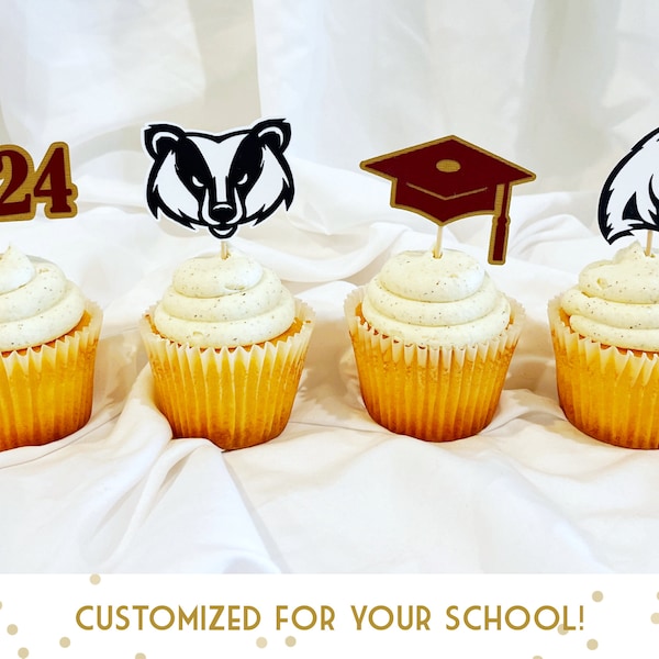 Custom College Cupcake Toppers- Graduation Themed Treats to Match School Colors & Logo for Highschool or University Grads, Personalized