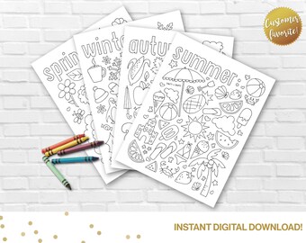 Four in One -Seasons Kids Coloring Pages Pack- Adult Coloring Pages, Summer, Autum and Fall, Winter, Spring, Thanksgiving, Christmas, Easter