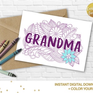 Tarjeta imprimible para colorear de la abuela floral: Día de la Madre, Cumpleaños de la abuela, Sólo porque sí