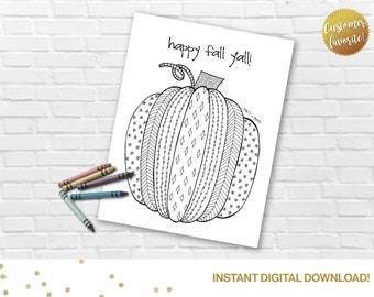 Fall Pumpkin Printable Adult Coloring Page- Happy Fall Y&#39;all, Kids Thanksgiving Activity, Autumn Pumpkin Patch, Halloween Pumpkins, Download