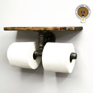 Rustic Double Toilet Paper Holder w/ Shelf, Industrial Bathroom Organizer, Wood & Pipe Decor, Perfect Gift, Rustic Storage