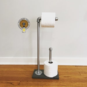 Toilet Paper Stand With Extra 2 Roll Storage, Floor Stand TP Holder, Paper Dispenser, Rustic Industrial Galvanized Pipe Toilet Paper Holder