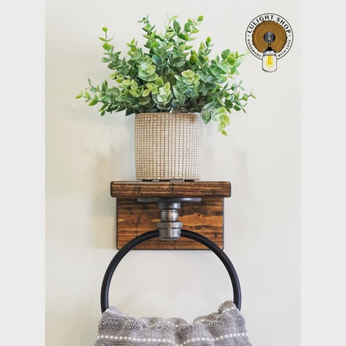 Hand Towel Ring Holder With Floating Shelf Farmhouse Bathroom Etsy