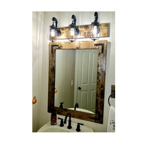 Bathroom Set - RUSTIC DISTRESSED Farmhouse Mirror and Cage Light Fixture, Rustic Vanity Mirror with Light Fixture, Primitive New Bath Decor