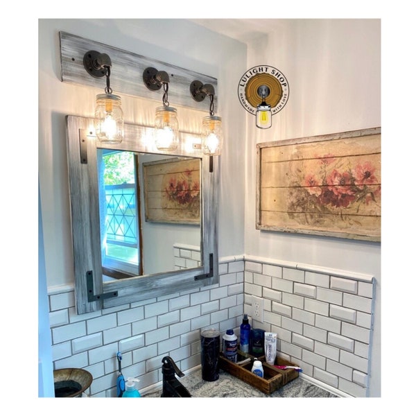 GRAY WHITEWASH  Bathroom Set, Mason Jar Light Fixture and Mirror, Beach Nautical Lake House Bathroom Decor, Lulight Quality Bathroom Decor