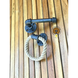 Bathroom set, beach decor, bathroom decor, rope towel holder, pipe accessories, toilet paper holder, rustic decor, beach house accessories