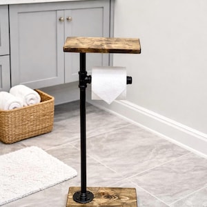 Rustic Toilet Paper Stand With Shelf — Freestanding Bathroom Storage