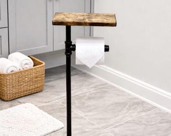 Rustic Toilet Paper Stand With Shelf — Freestanding Bathroom Storage