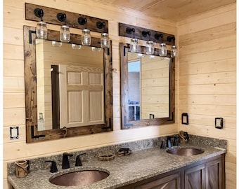 Bathroom Set - RUSTIC DISTRESSED Vanity Mirror with Mason Jar Light Fixture, Rustic Bathroom Decor, Handmade Full Bathroom Decor, Old Frame