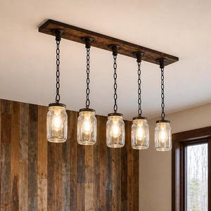 Farmhouse Mason Jar Chandelier: Rustic Wood Island Light