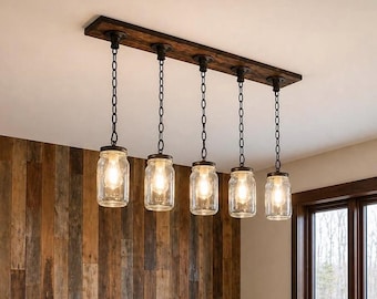 Farmhouse Mason Jar Chandelier: Rustic Wood Island Light