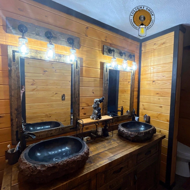 Rustic Bathroom Set : Distressed Mirror with 3 Mason Jar Light Fixture - Farmhouse Vanity Decor image 3