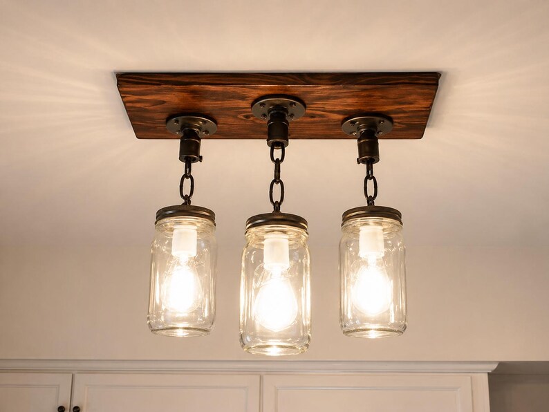 Farmhouse mason jar pendant light fixture with wood beam and chains hanging above rustic dining table in cozy kitchen
