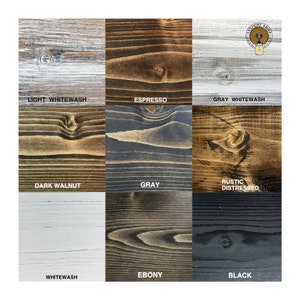 May include: Nine wood samples stained in different colors, including light whitewash, espresso, gray whitewash, dark walnut, gray, rustic distressed, whitewash, ebony, and black.