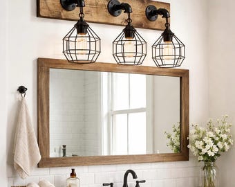 Farmhouse Bathroom Lighting, Industrial Rustic Wall Vanity Light, Bathroom Decor Wood Fixture, Over Mirror Cage Light