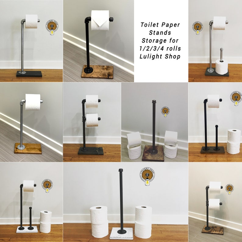 May include: A set of 10 black and silver metal toilet paper stands with wooden bases. The stands are designed to hold 1, 2, 3, or 4 rolls of toilet paper.  Toilet Paper Stands Storage for 1/2/3/4 rolls Lulight Shop