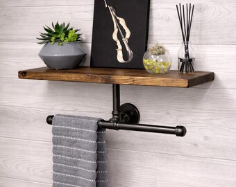 Double Hand Towel Holder with 7.25" Deep Shelf | Rustic Industrial Bathroom Storage | Shelf with Towel Bars, Paper Holder, Handmade in USA