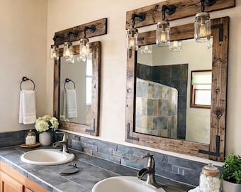Rustic Bathroom Mirror + Mason Jar Vanity Light Set, Farmhouse Bathroom Decor,  Custom Wood Mirror with Light, Farmhouse Industrial Country