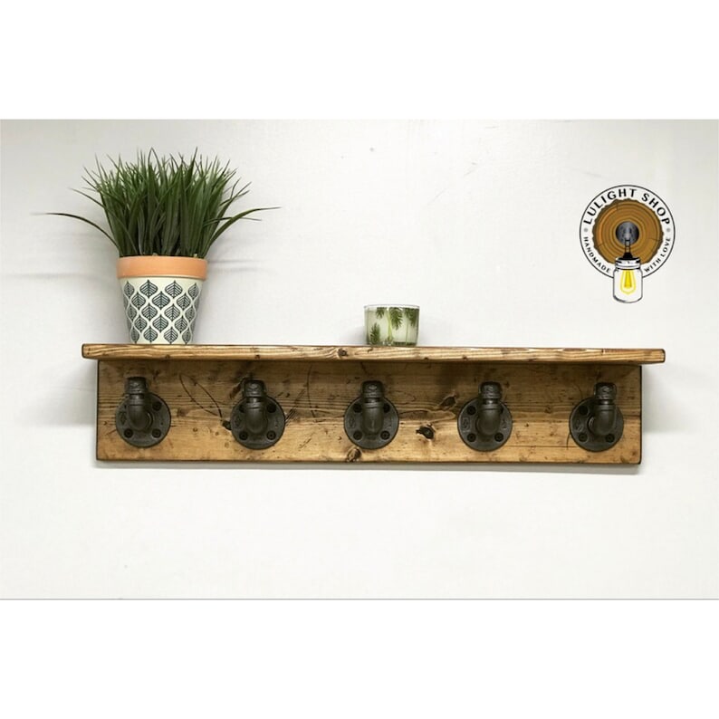 Rustic Wood Shelf With Hooks Coat Rack Towel Hooks Entryway Etsy
