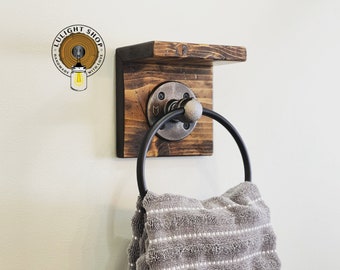 RUSTIC DISTRESSED Hand Towel Ring with Shelf, Towel Holder, Towel Ring on Wood, Bathroom Decor, Kitchen Towel Ring, Pipe Towel Ring, Gifts