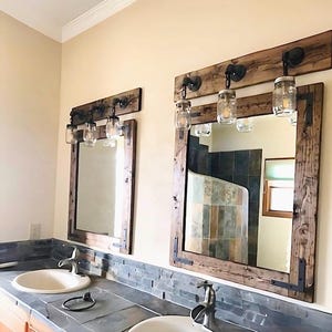 Rustic Distressed Wood Framed Mirror with Oil Bronze Metal Brackets – Farmhouse Bathroom & Wall Mirror, High Quality Made in USA