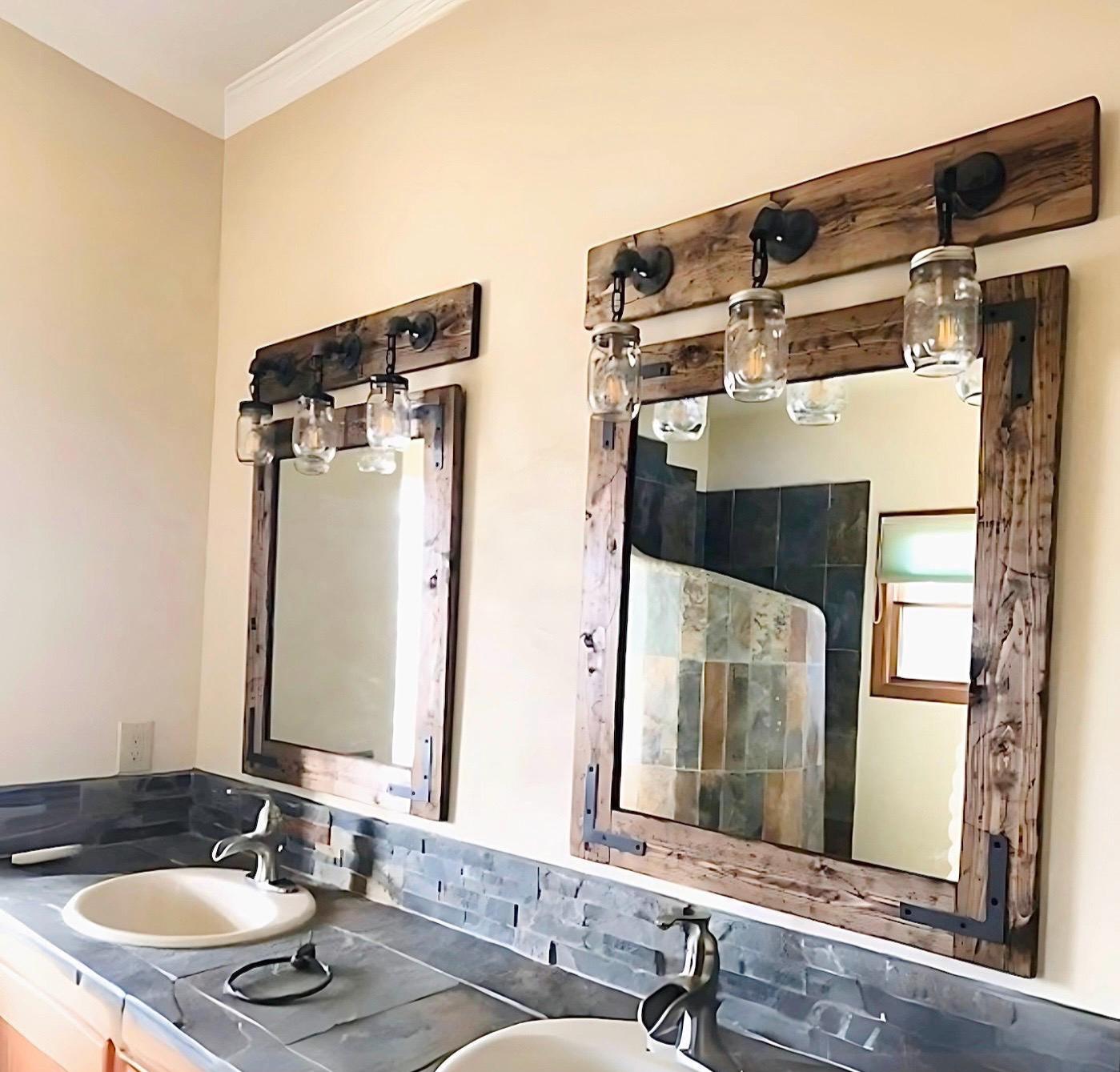 Rustic Distressed Wood Framed Mirror with Oil Bronze Metal Brackets – Farmhouse Bathroom & Wall Mirror, High Quality Made in USA