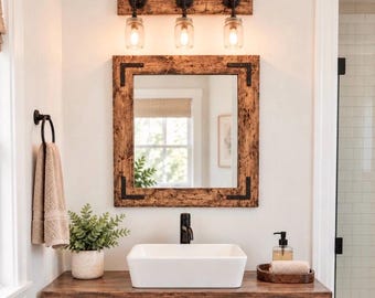 Rustic Bathroom Mirror with Black Brackets, Pine Wood Frame, Custom Sizes