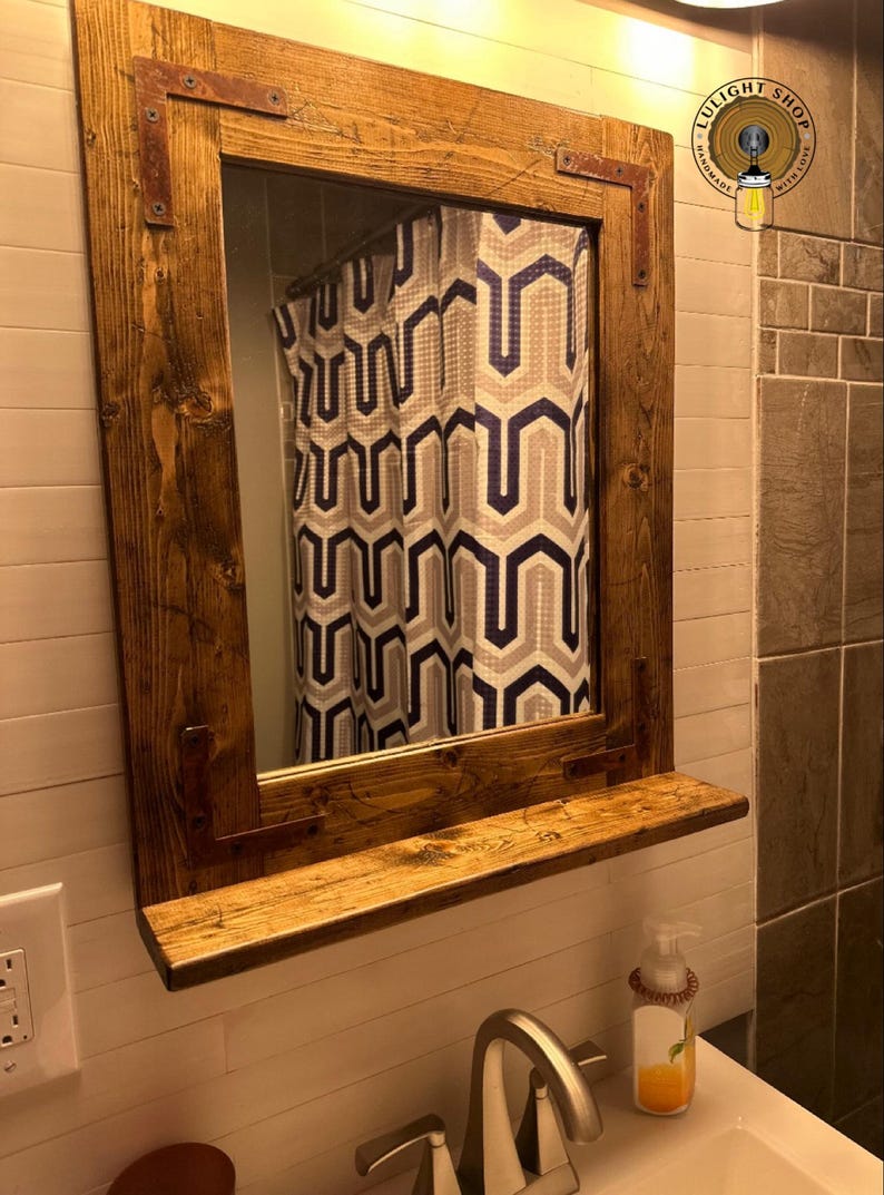 RUSTIC DISTRESSED Farmhouse Mirror with Shelf – Wood Framed Bathroom Wall Mirror – Custom Sizes Available image 15