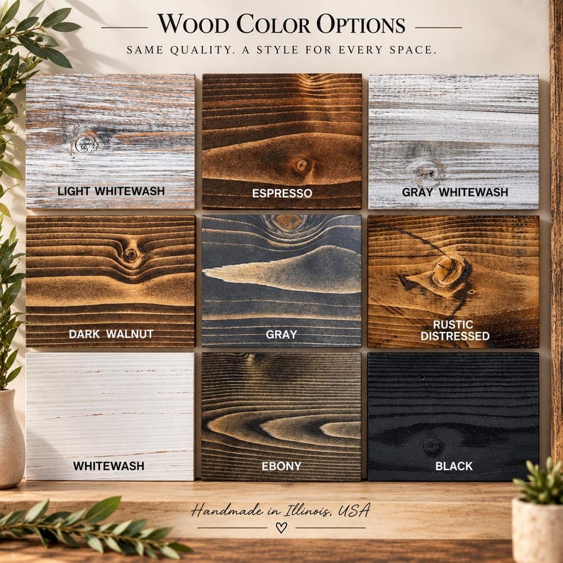 May include: Nine wood stain color samples, showing different shades of brown, gray, and white. The samples are labeled with the following names: Light Whitewash, Espresso, Gray Whitewash, Dark Walnut, Gray, Rustic Distressed, Whitewash, Ebony, and Black.