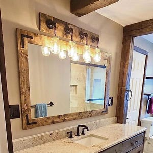 Rustic bathroom vanity set with distressed wood mirror and light fixture farmhouse wall decor