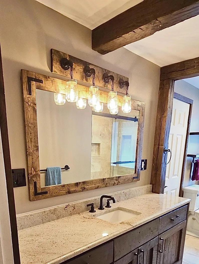 Rustic bathroom vanity set with distressed wood mirror and light fixture farmhouse wall decor