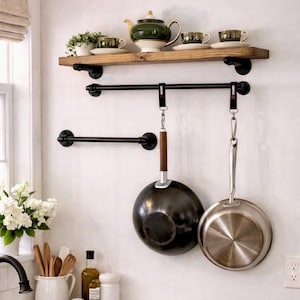 Farmhouse Kitchen Wall Shelf with Towel Bars, Rustic Wood Kitchen Storage, Wall Mounted Organizer for Pots, Utensils & Towels