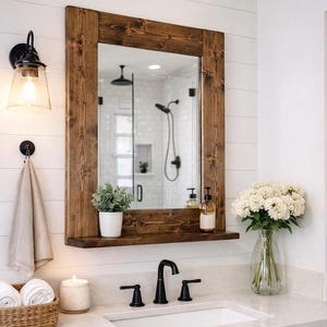 Espresso stain wood framed mirror with bottom shelf for extra storage, beautiful dark brown wood made by hand in USA