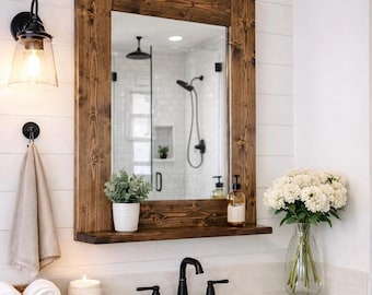 Espresso Farmhouse Bathroom Mirror with Shelf | Rustic Home Decor