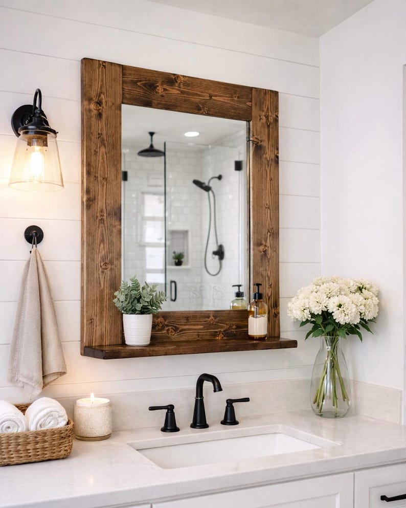 Espresso stain wood framed mirror with bottom shelf for extra storage, beautiful dark brown wood made by hand in USA