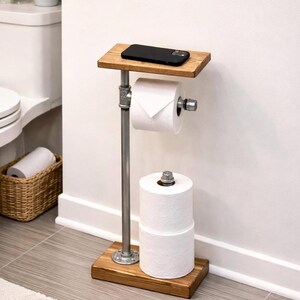 Rustic Toilet Paper Stand With Shelf and Extra 2 Rolls Storage, Floor TP Dispenser, Quality Paper Holder, Lulight Industrial Pipe Wood Stand