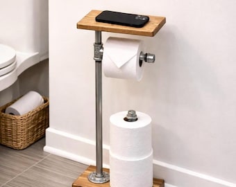 Rustic Toilet Paper Stand With Shelf and Extra 2 Rolls Storage, Floor TP Dispenser, Quality Paper Holder, Lulight Industrial Pipe Wood Stand