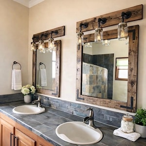 Handmade Rustic Bathroom Mirror with Oil Rubbed Bronze Corner Accents | Farmhouse, Industrial, Grain Wood Look, Over Sink Wall Decor