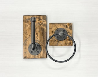 Rustic Bathroom Set of 2, Wood Pipe TP Holder & Towel Ring