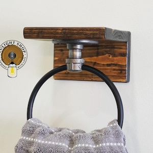 Hand Towel Ring with Small Shelf, Modern Farmhouse Towel Holder, Bathroom Decor, Black Towel Ring, Pipe Accessories, HGTV Bathroom Idea