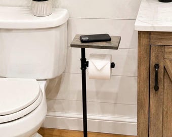 Free Standing Toilet Paper Holder With Shelf, Floor Stand TP, Pipe Paper Holder, Modern Gray Bathroom Decor, Cool Industrial Bathroom Gifts