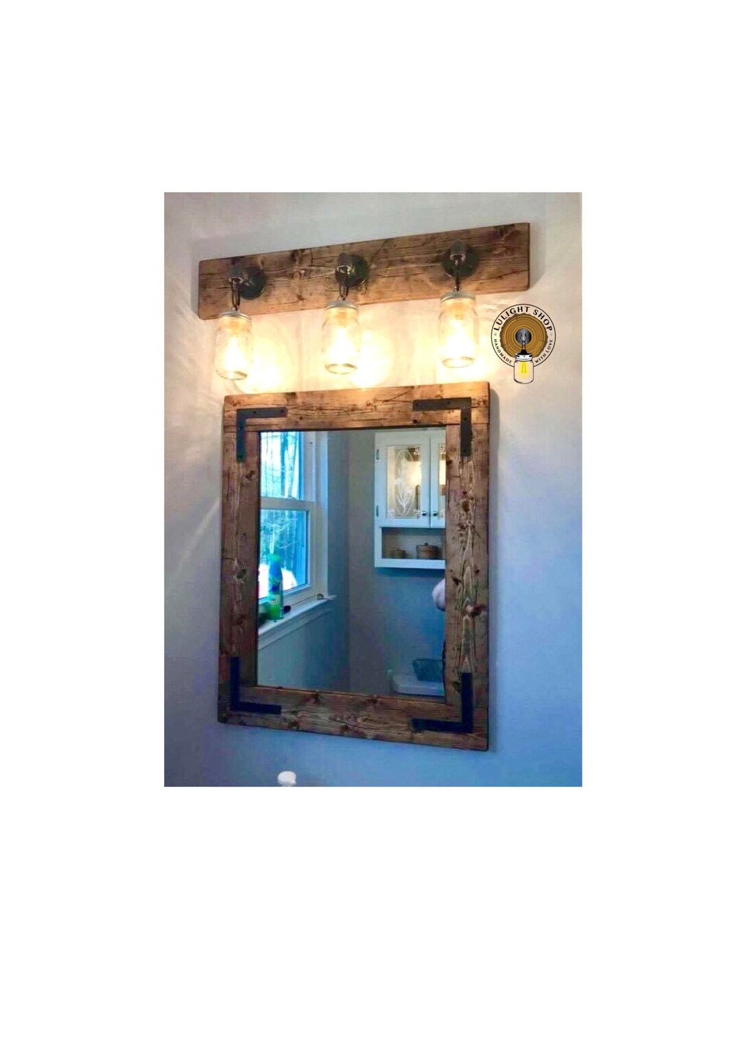 Mirror and Light Bathroom Set, Bathroom Set of 2, Unique Bath, Mason Jar Light, Rustic Set ...