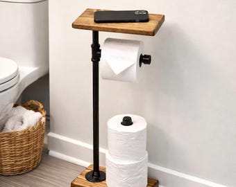 Toilet Paper Stand With Shelf and Extra Storage, 3 Rolls Floor Stand Paper Dispenser, Rustic Paper Holder, Industrial Pipe Wood Decor