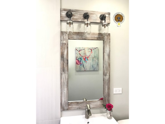 LIGHT WHITEWASH Bathroom Set Mason Jar Light Fixture and Mirror