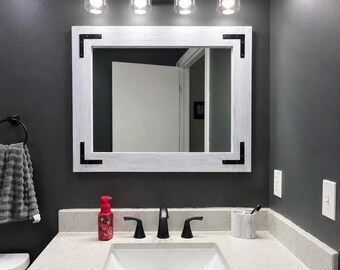 Handmade Whitewash Wood Frame Mirror | Rustic Farmhouse Style | Black Decorative Brackets